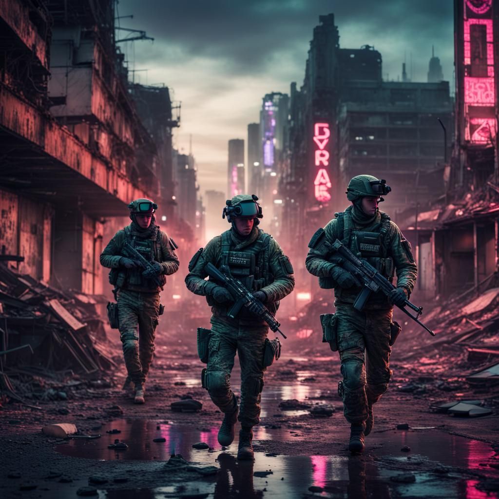 Cyberpunk Soldiers Patrol Ruined City at Dusk