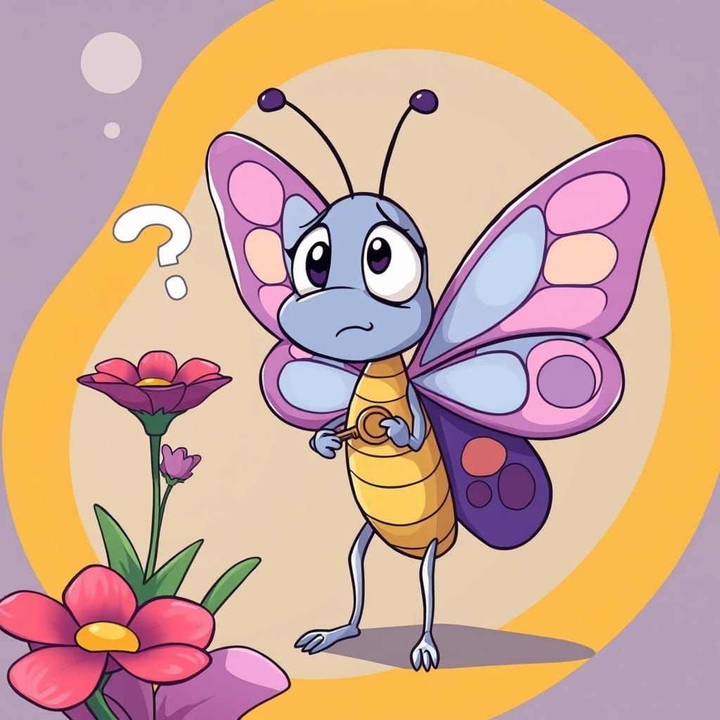 Confused Cartoon Butterfly Searching for Flower Keys