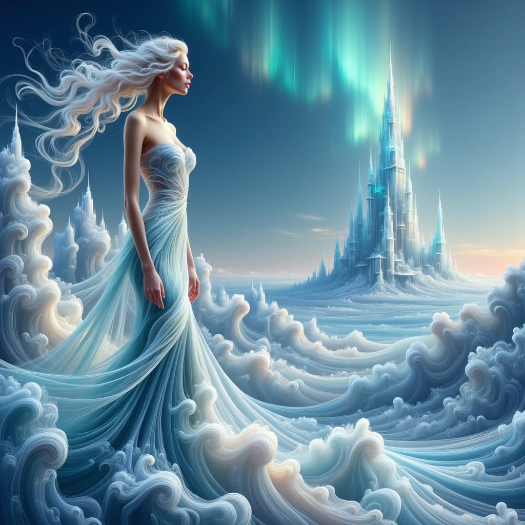 Ethereal Ice Princess in Frosty Alien Landscape