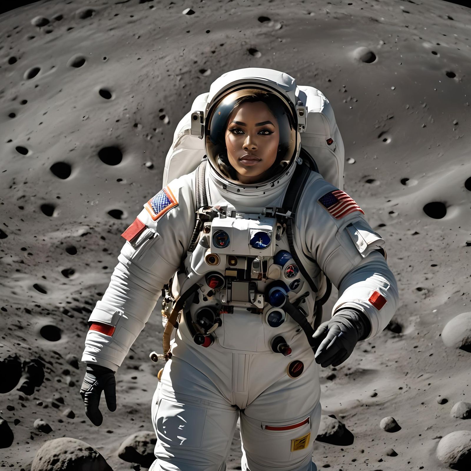 042 A beautiful female astronaut wearing a white spacesuit o...