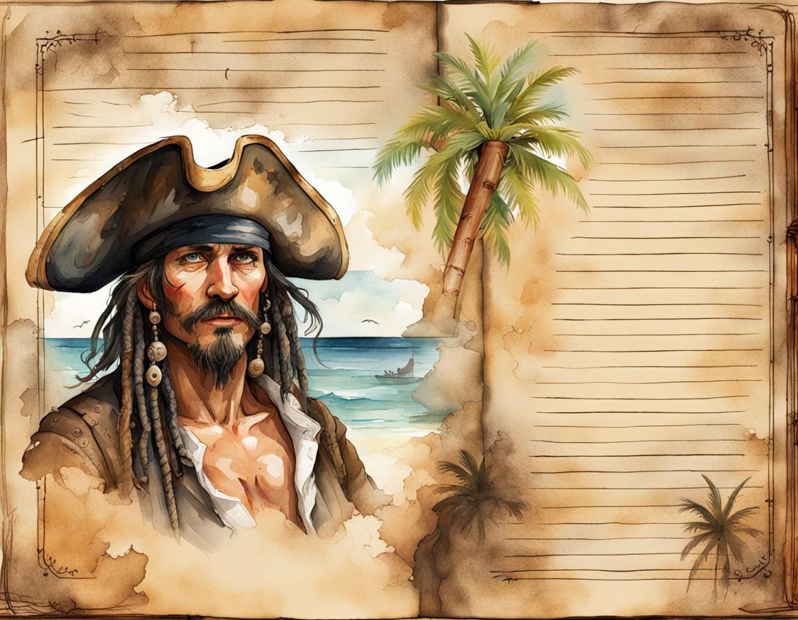 Pirate Portrait on Burned Parchment in Watercolor Style