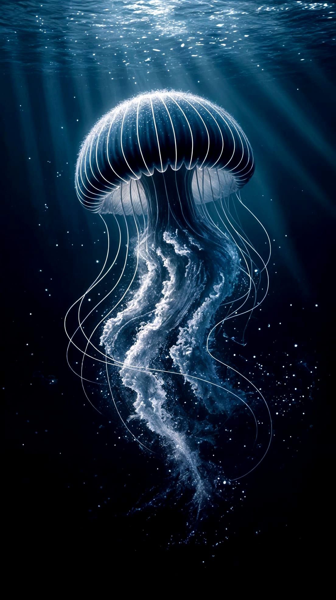 Glowing Midnight Jellyfish Under Dark Blue Waters