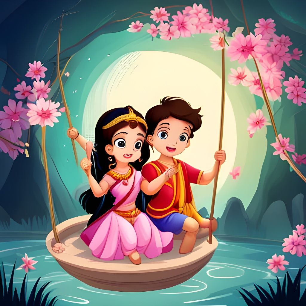 Cute little Radha Krishna on swing in the garden full Disney style