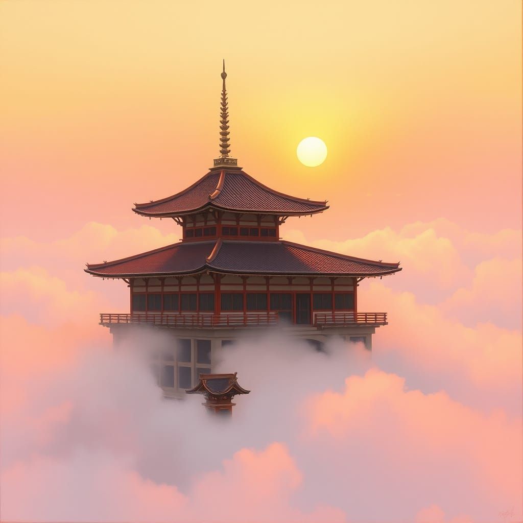 Ethereal Japanese Temple Ascends on Pink Clouds, in Oil Pain...