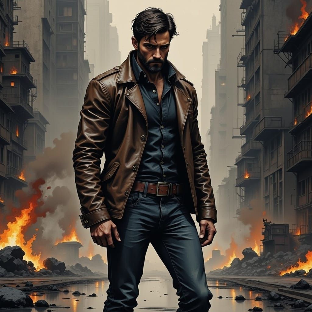 Heroic Man in Misty Cityscape, Expressive Brushstrokes