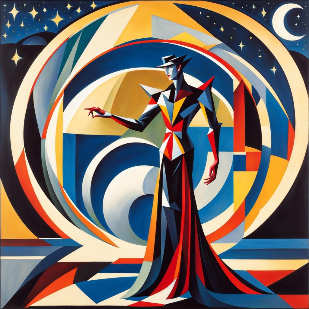 Vampire Under Starry Sky in Cubist Style