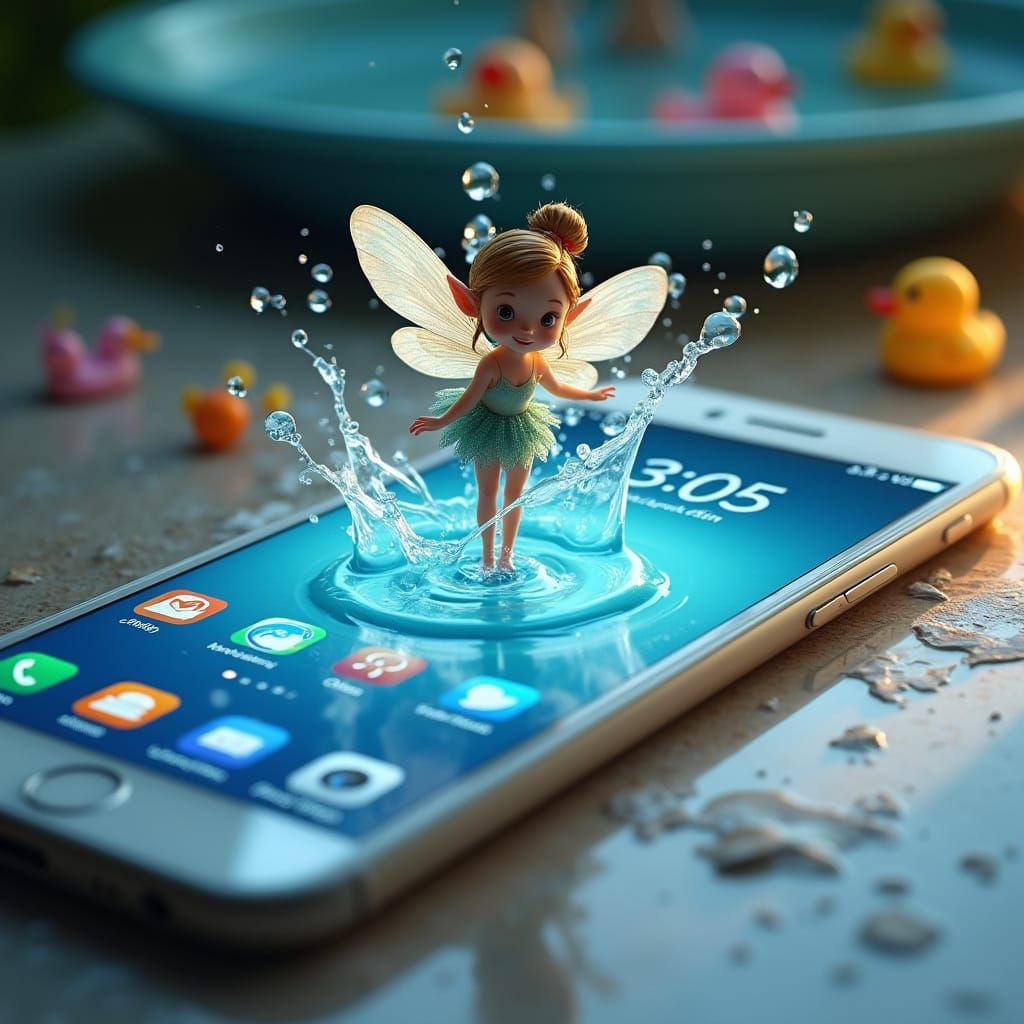 Whimsical Fairy Girl Plays in Shallow Smartphone Pool