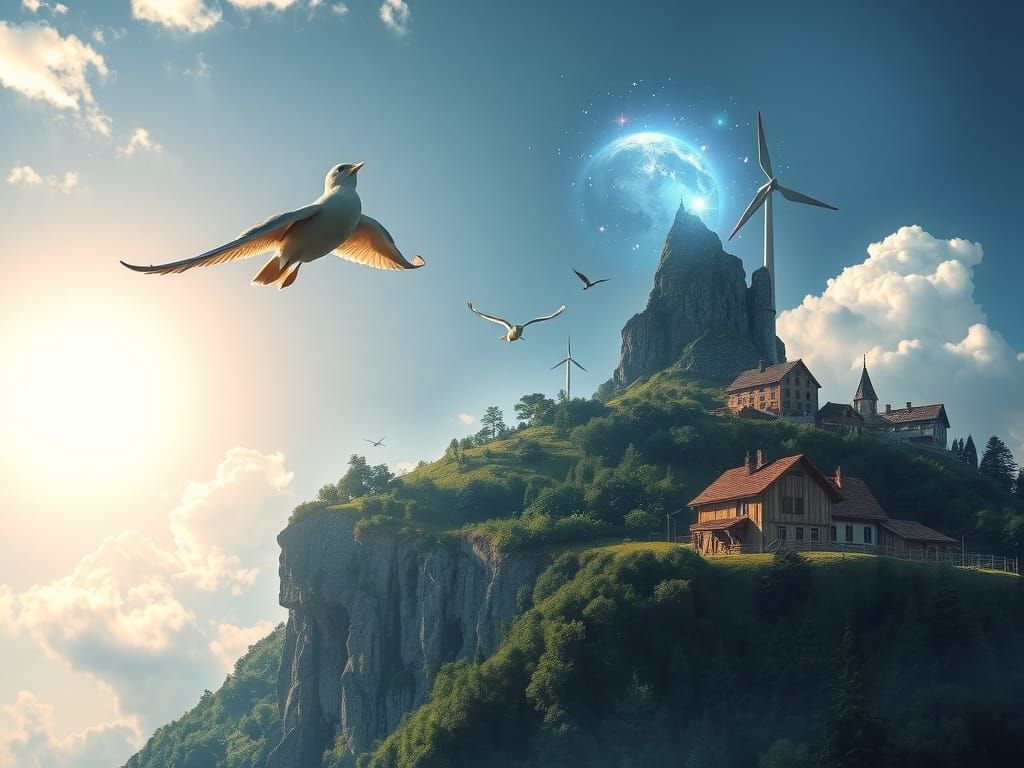 Eine fliegende Insel im Himmel angetrieben durch Windkraft, auf der Insel ist ein Berg, wo Energie durch Windmühlen erze...