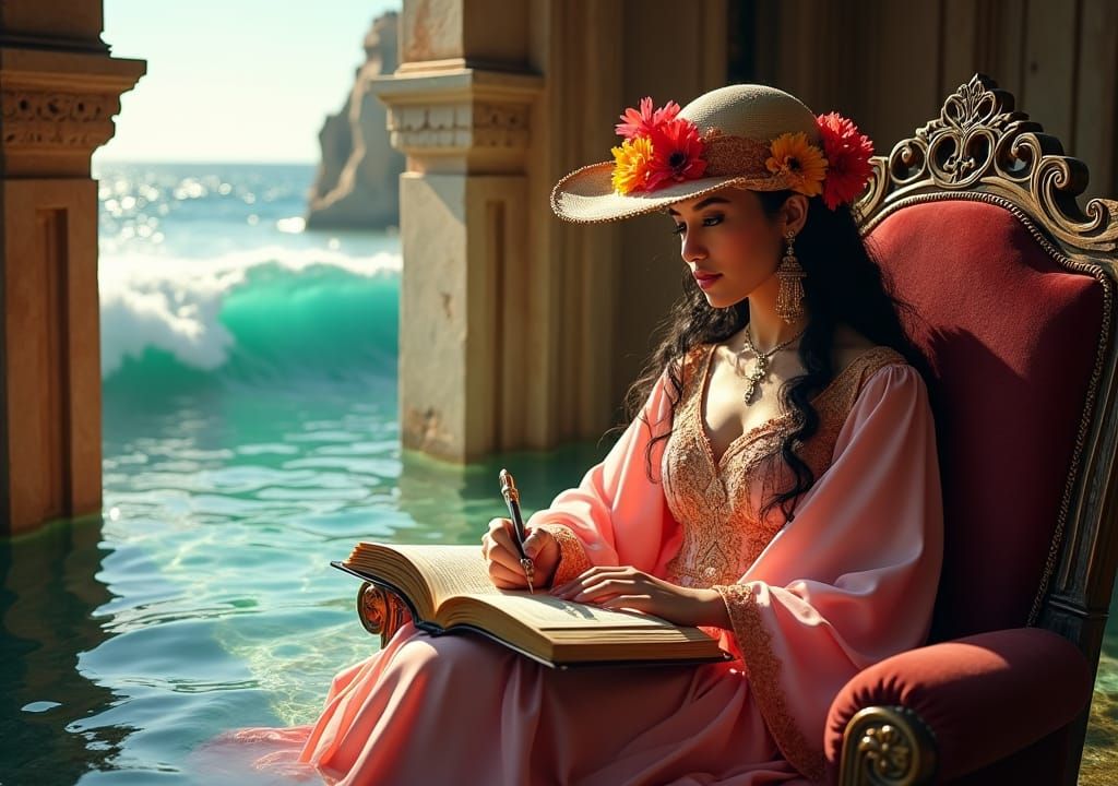 Opulent Submerged Palace Scene with Woman Writing