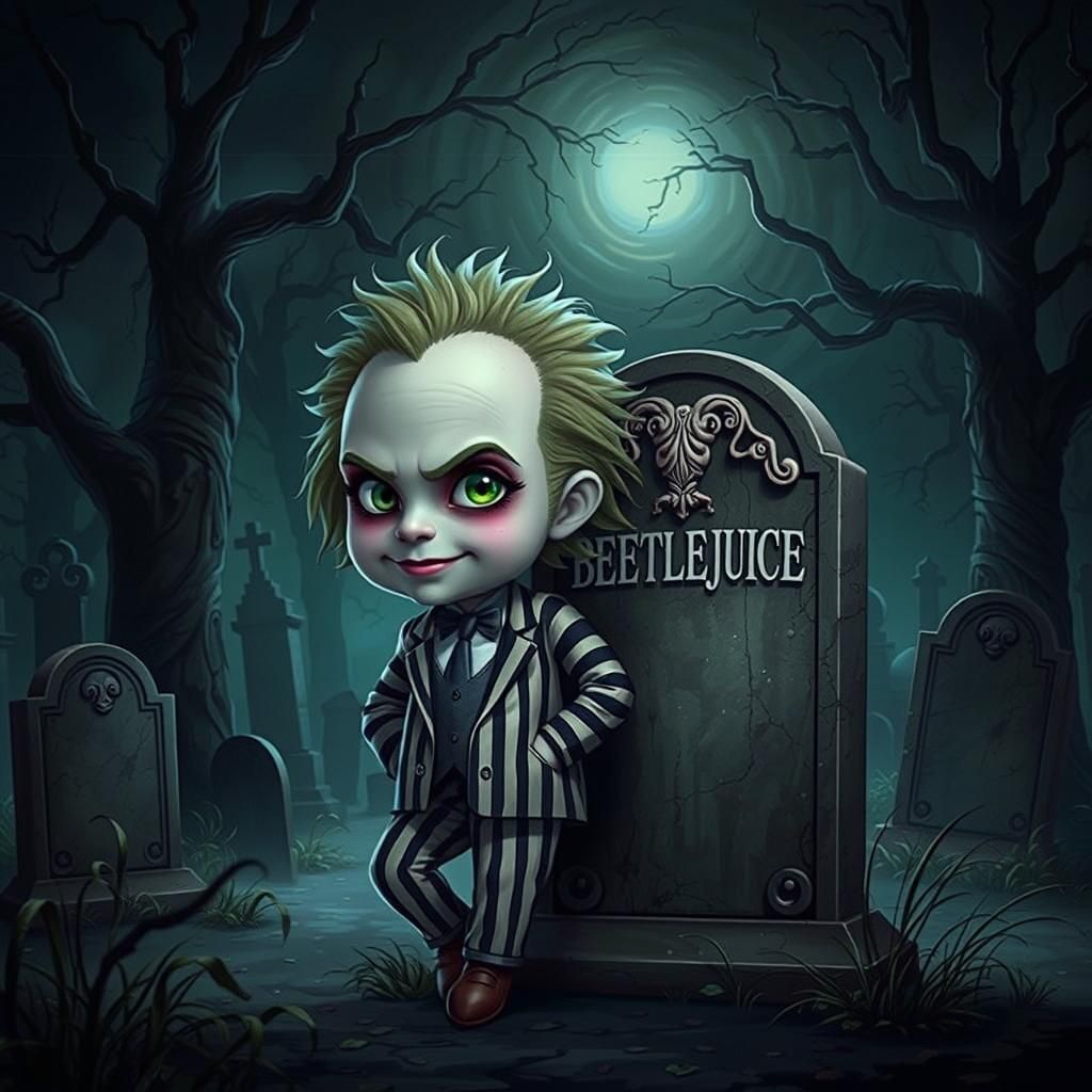Chibi Beetlejuice in Gothic Cemetery, Holographic Art