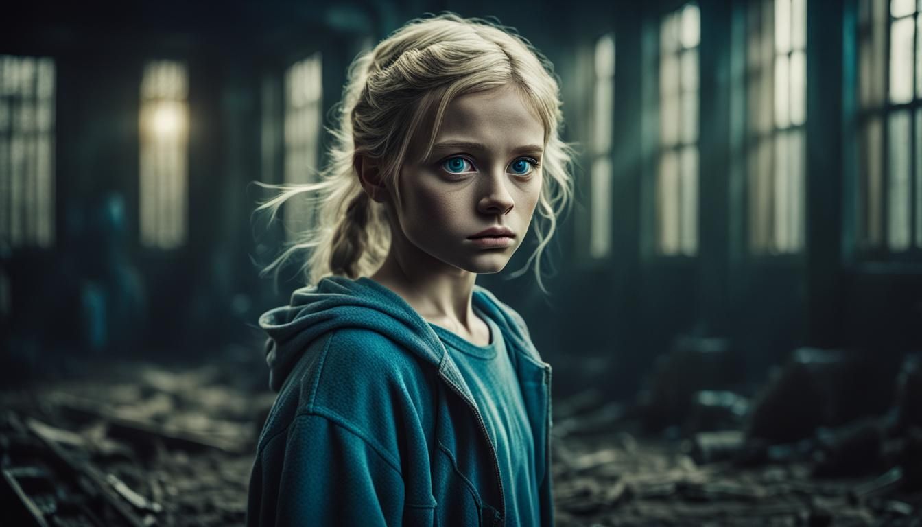 Cute Blond Girl with Muscles: Cinematic Film Still