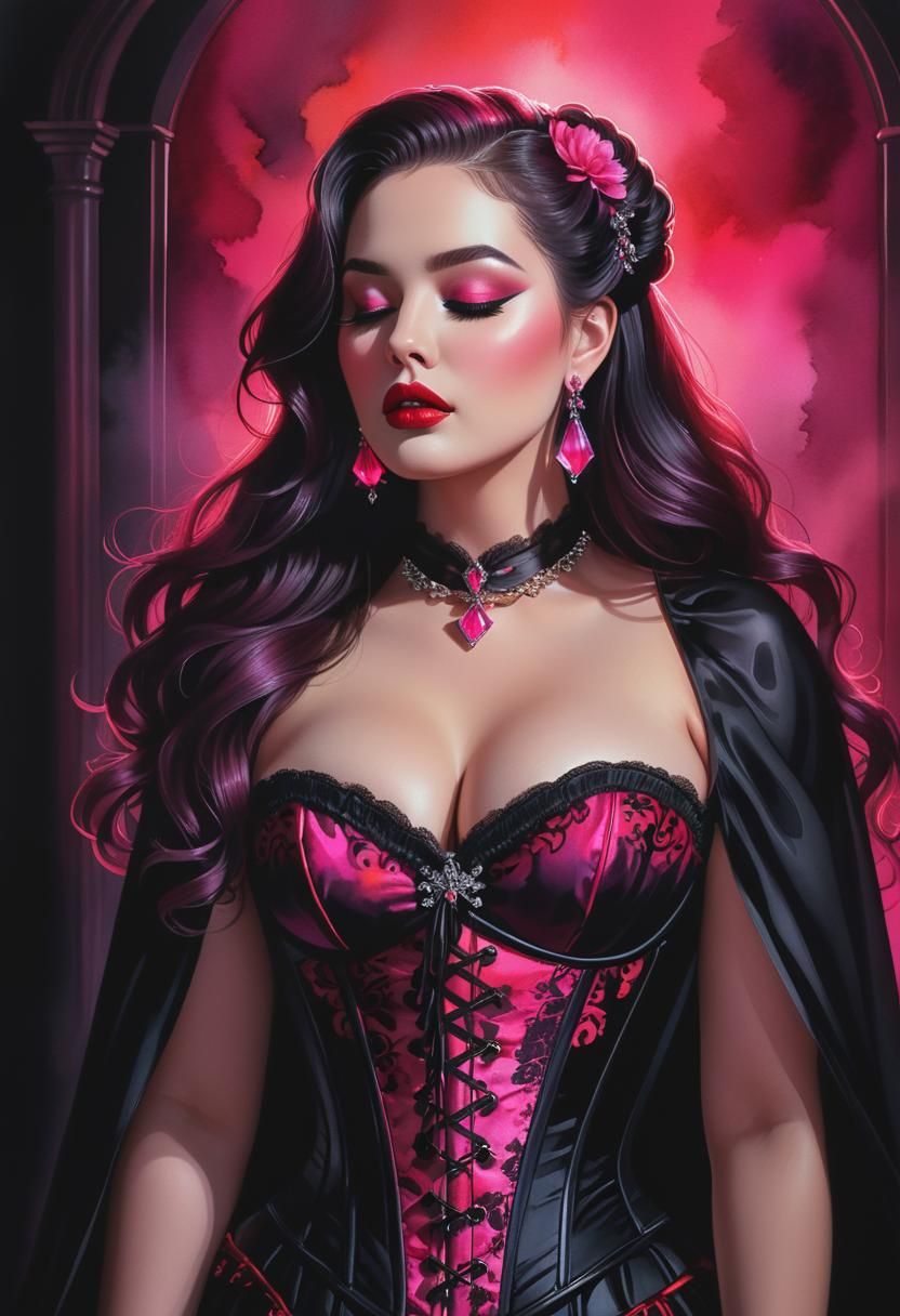 Elegant Woman with Corset in Watercolor Ink Style