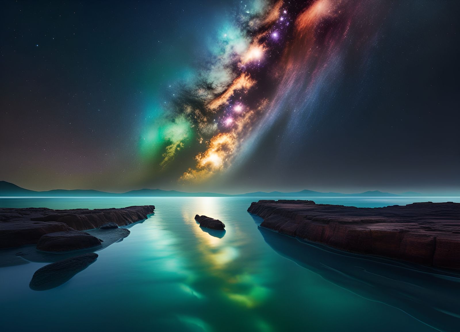 Milky Way Reflection: Watercolor Galaxy Seascape