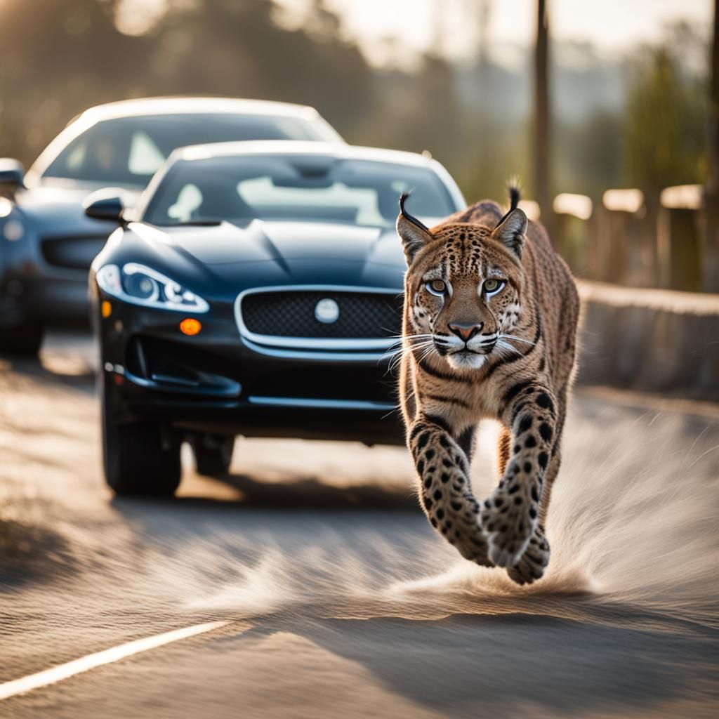 Lynx Running Before a Jaguar Car: Professional Photography