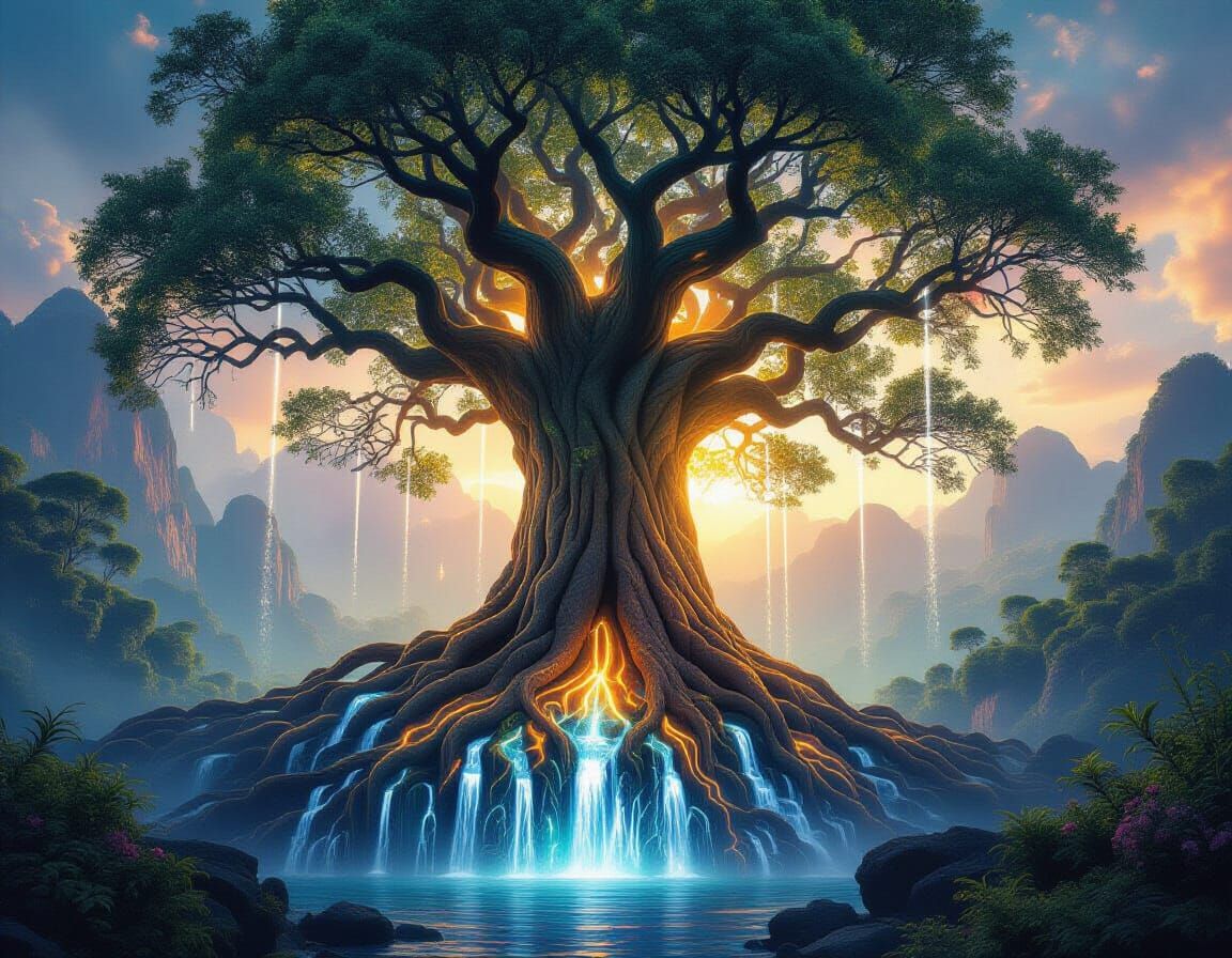 Mystical Giant Tree with Cascading Light