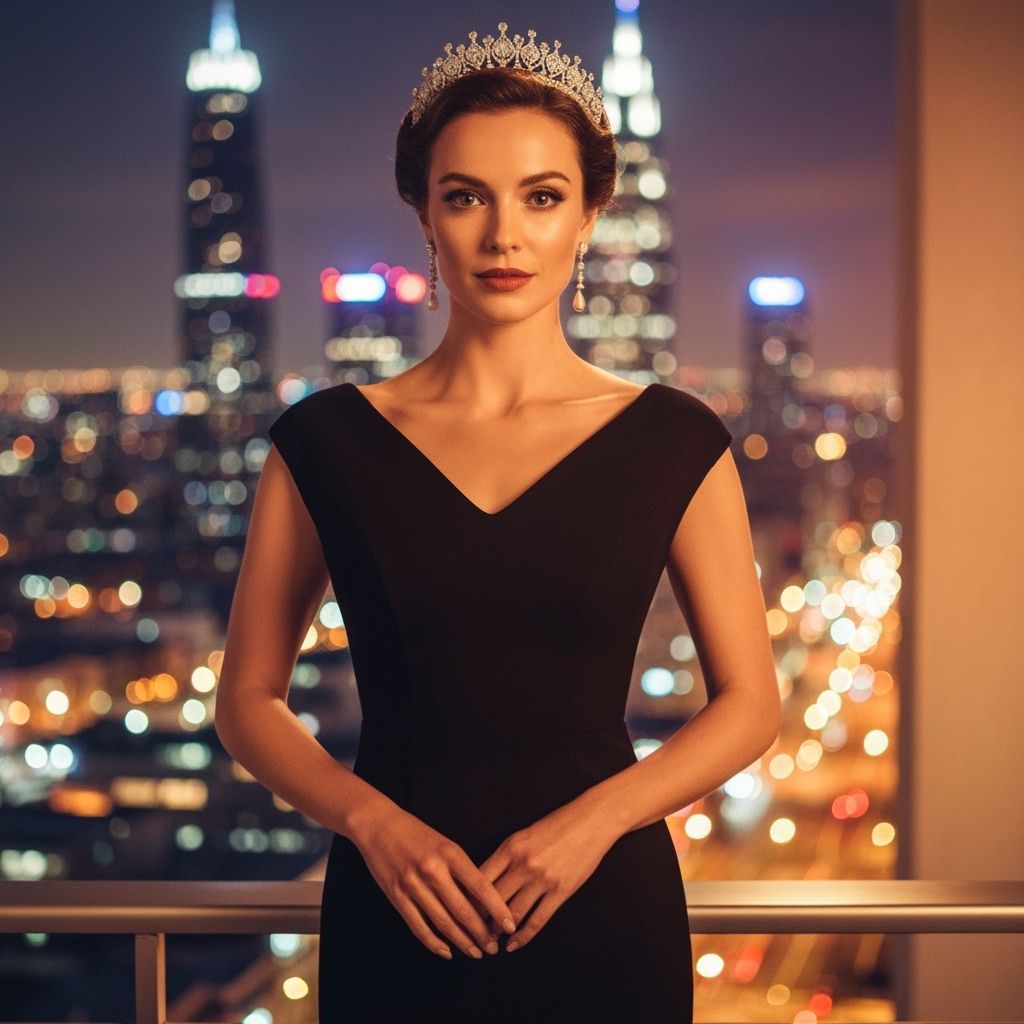 Elegant Woman Overlooking City in Classic Hollywood Style
