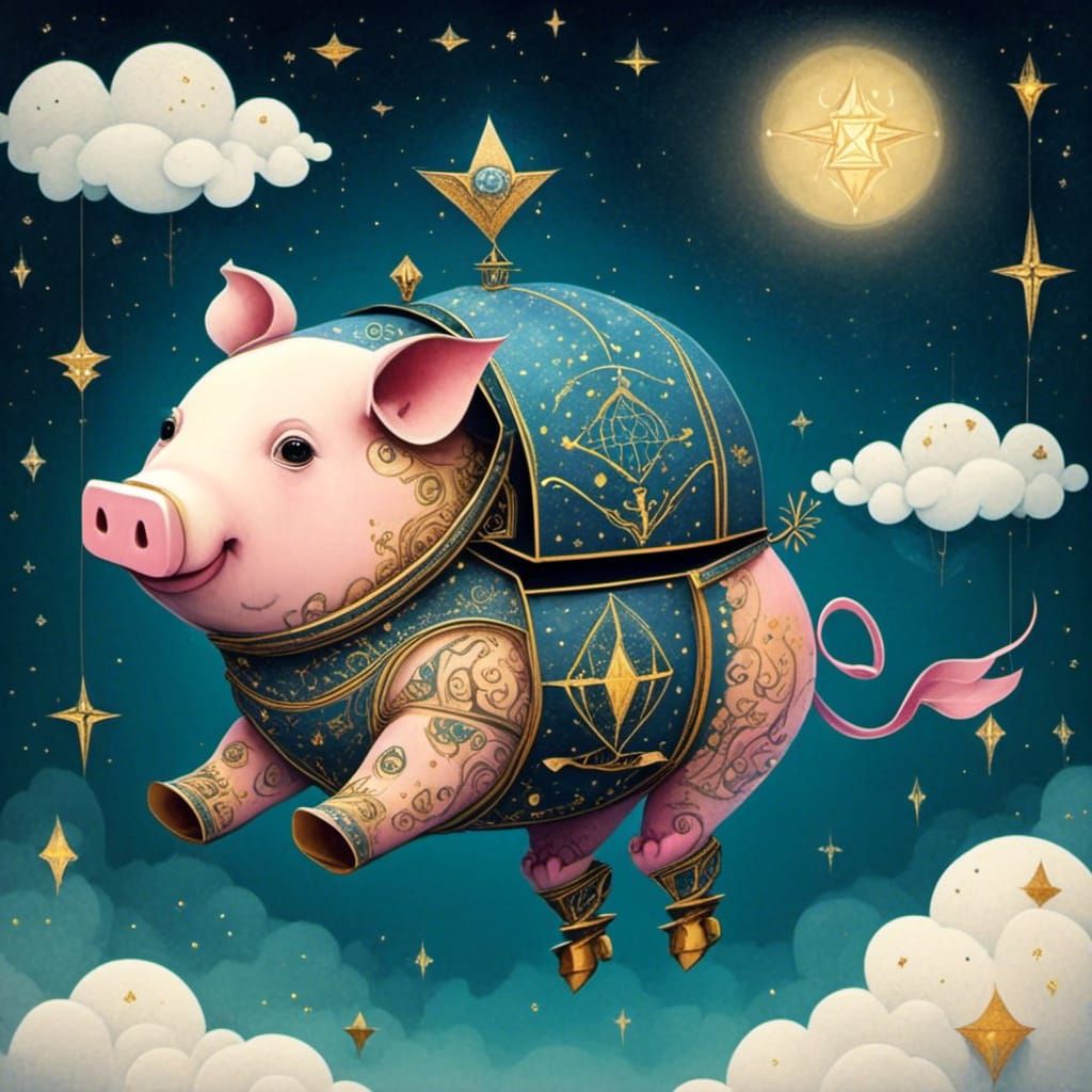 Starry Origami Robot Pig Flies at Night