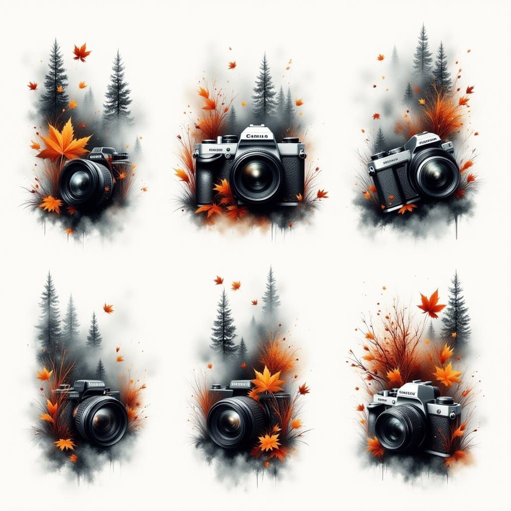 SLR Cameras in Autumnal Mist, Illustrated Style