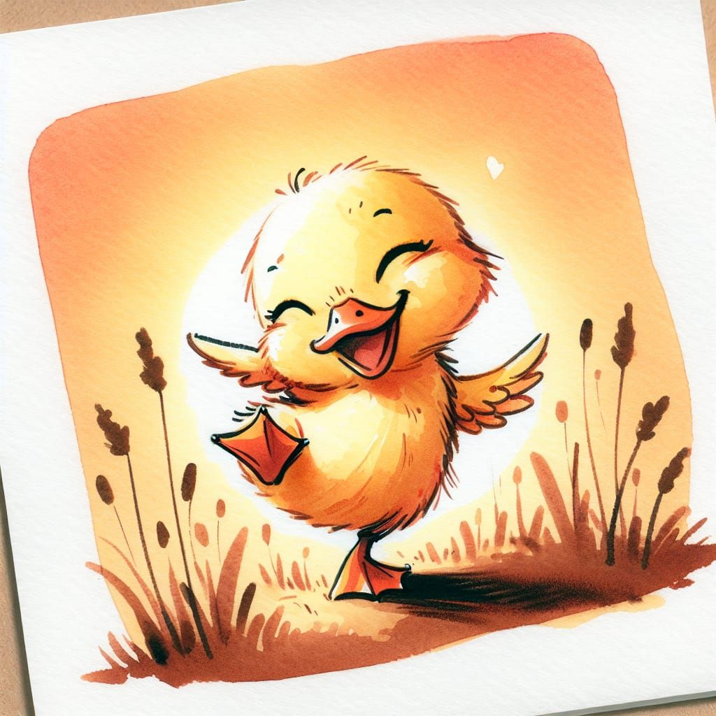 Duckling's Happy Dance in Ink and Watercolor