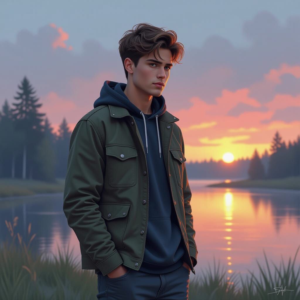 Young Man in Serene Outdoor Environment, Digital Painting
