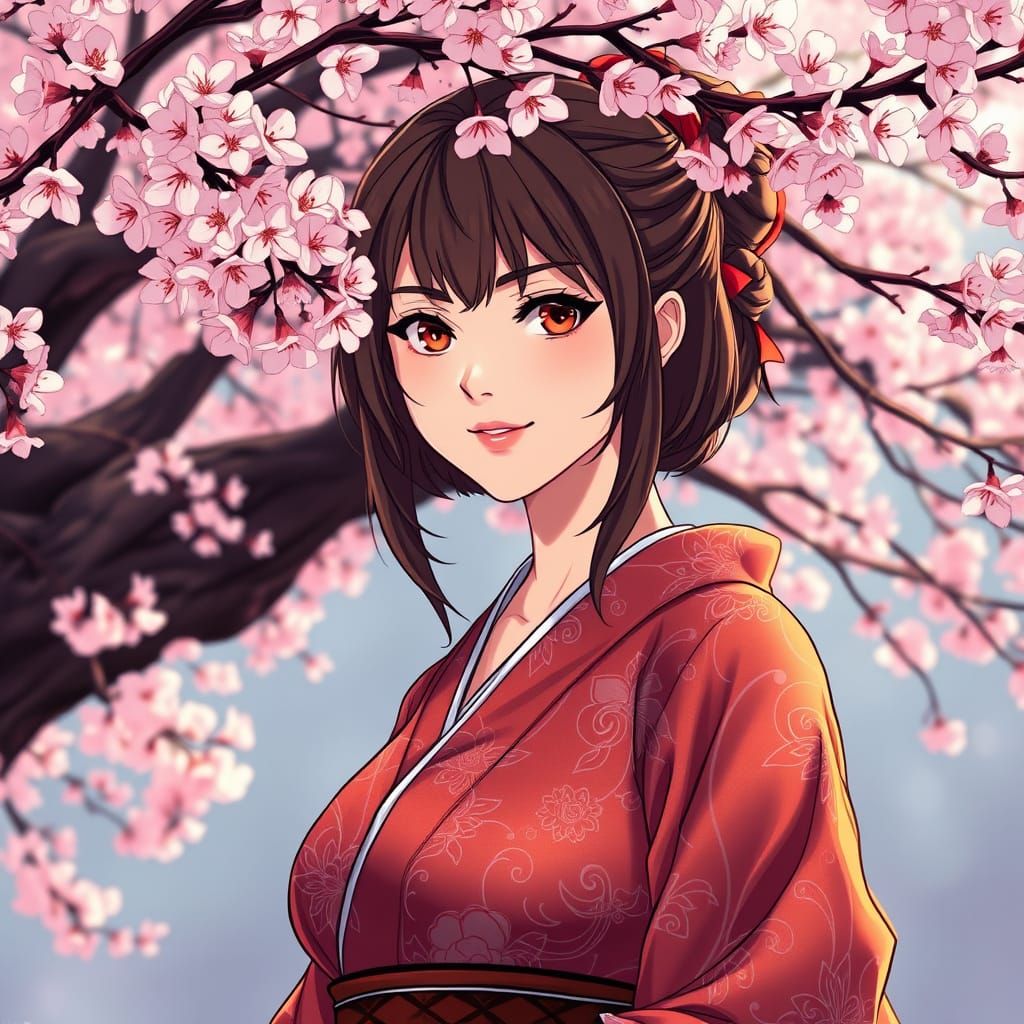 Enigmatic Woman Adorned in Kimono Beneath Cherry Blossom Bra...
