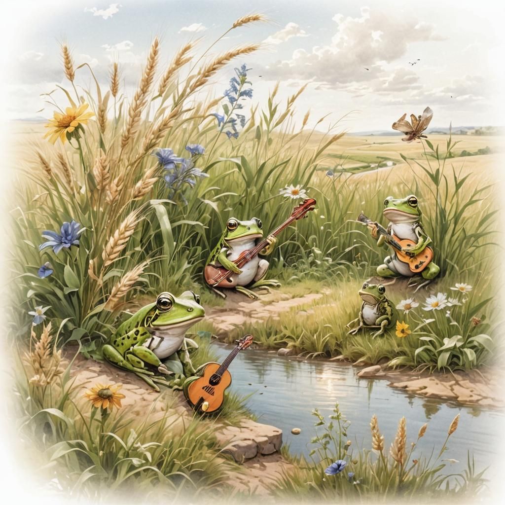 Serene Rural River Landscape with Musicians, Hyperrealistic ...