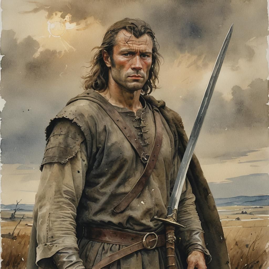 Barbarian with Bronze Sword, Watercolor Portrait