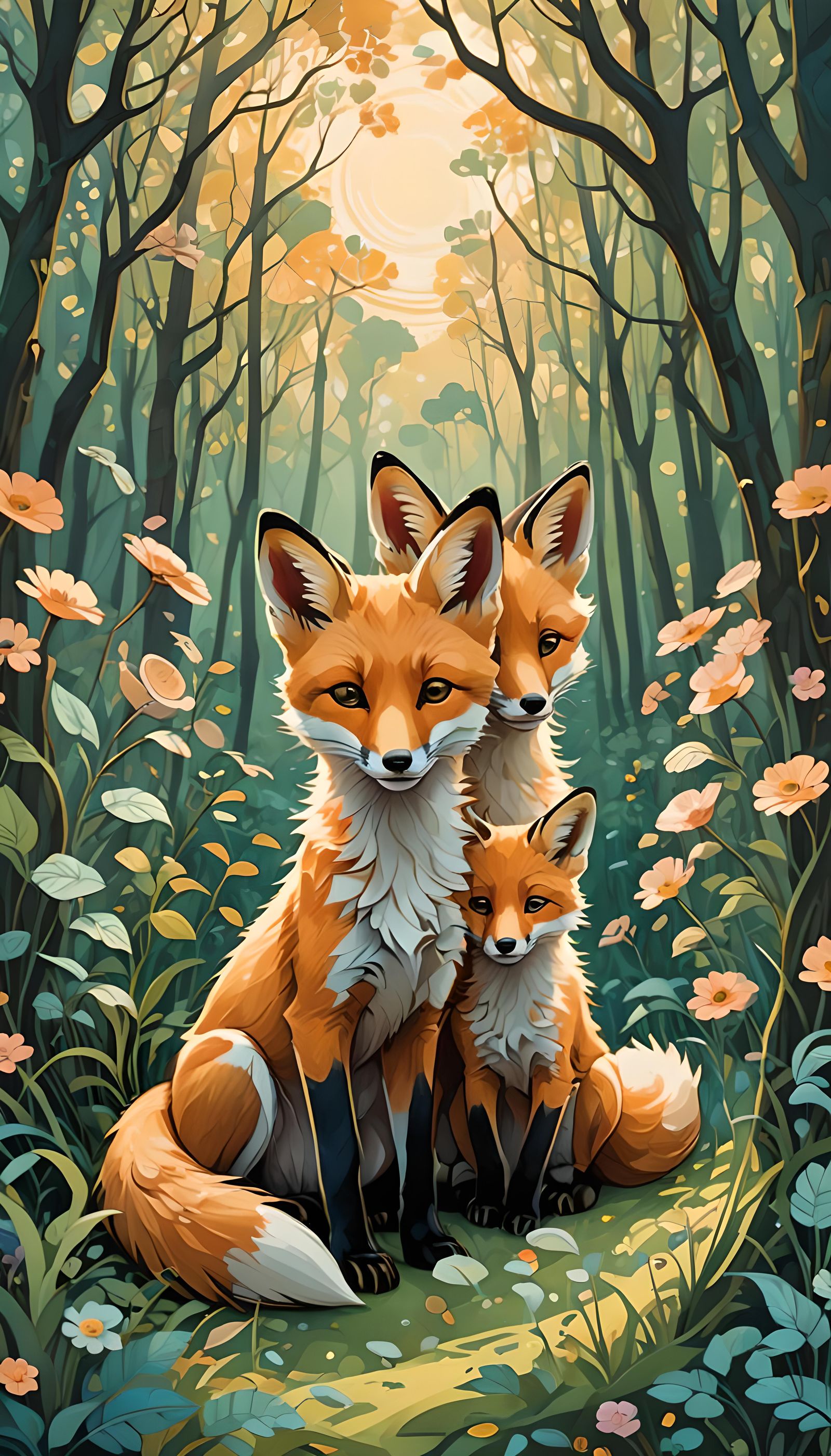 Fox Cubs Play in Sunny Art Deco Forest