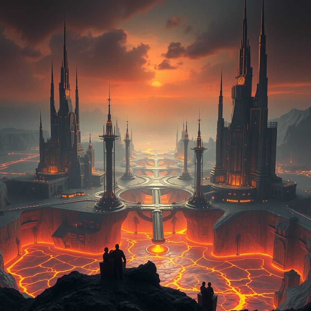 Futuristic Town on Glowing Lava Lake Rim