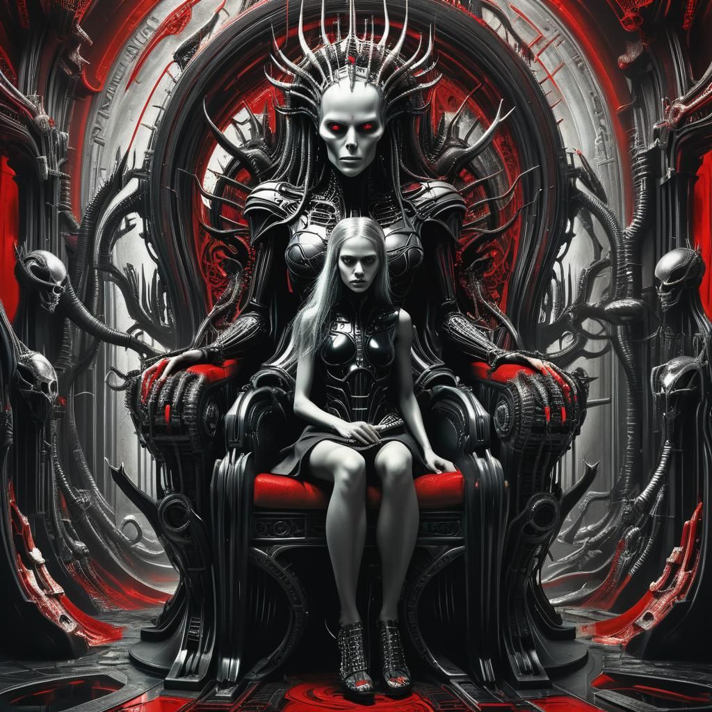 "woman sitting on a throne and her young daughter running in...