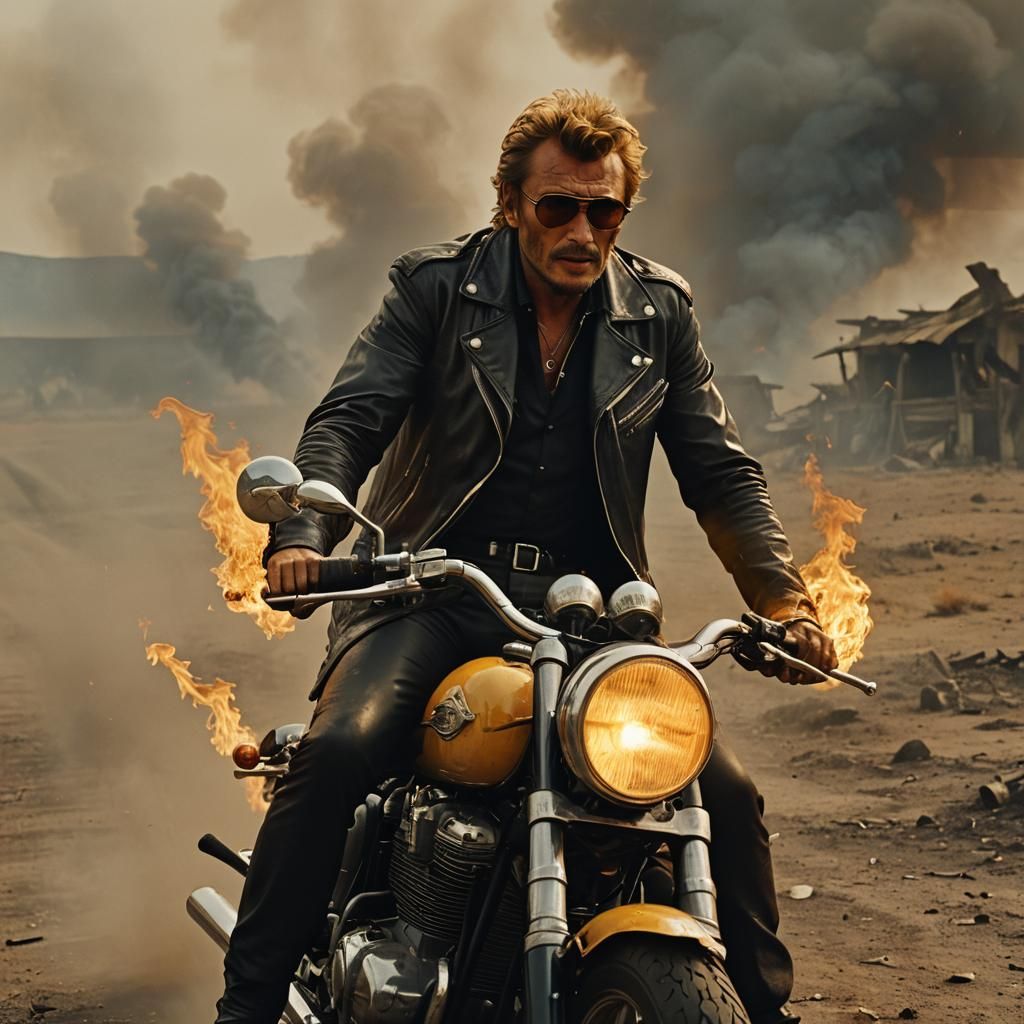 Johnny Hallyday Rides Through Burning Landscape