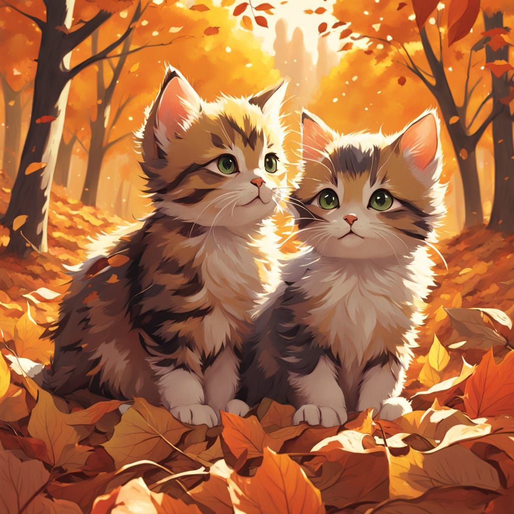 Baby Kittens Playing in Autumn Leaves Storybook Illustration