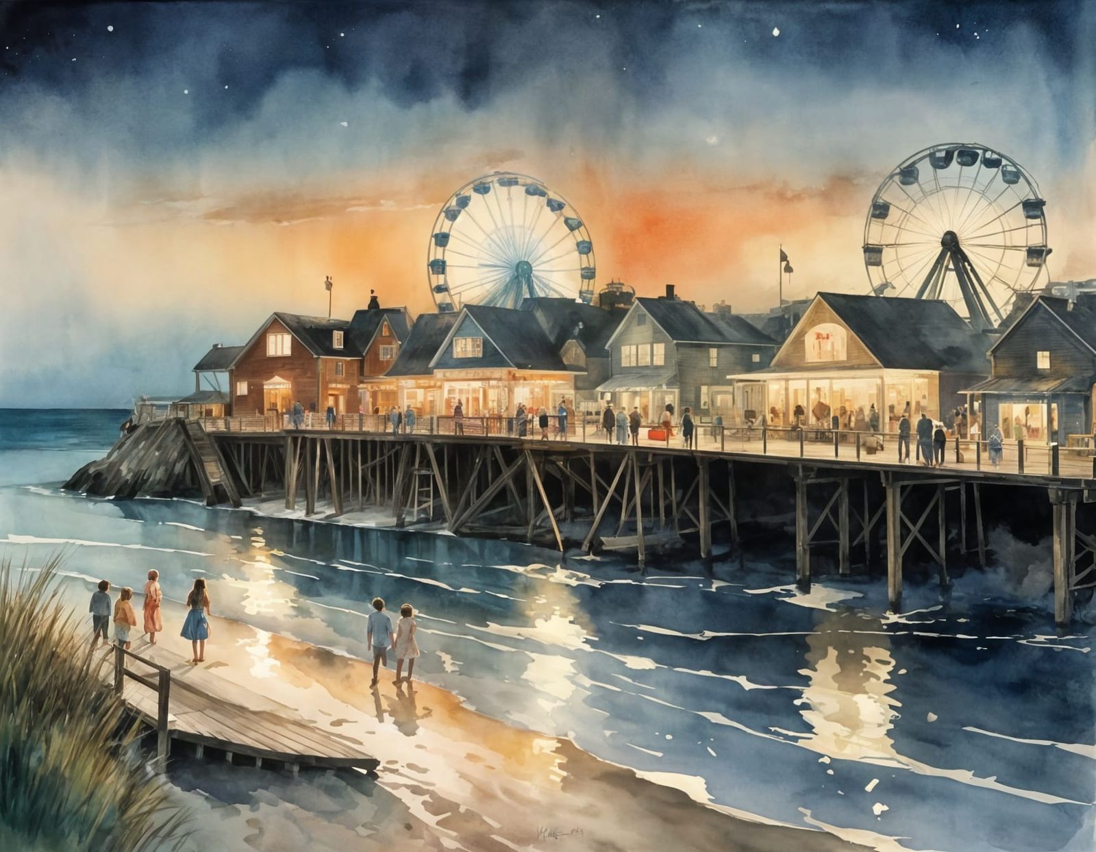 Summer Boardwalk at Night in Watercolor Style