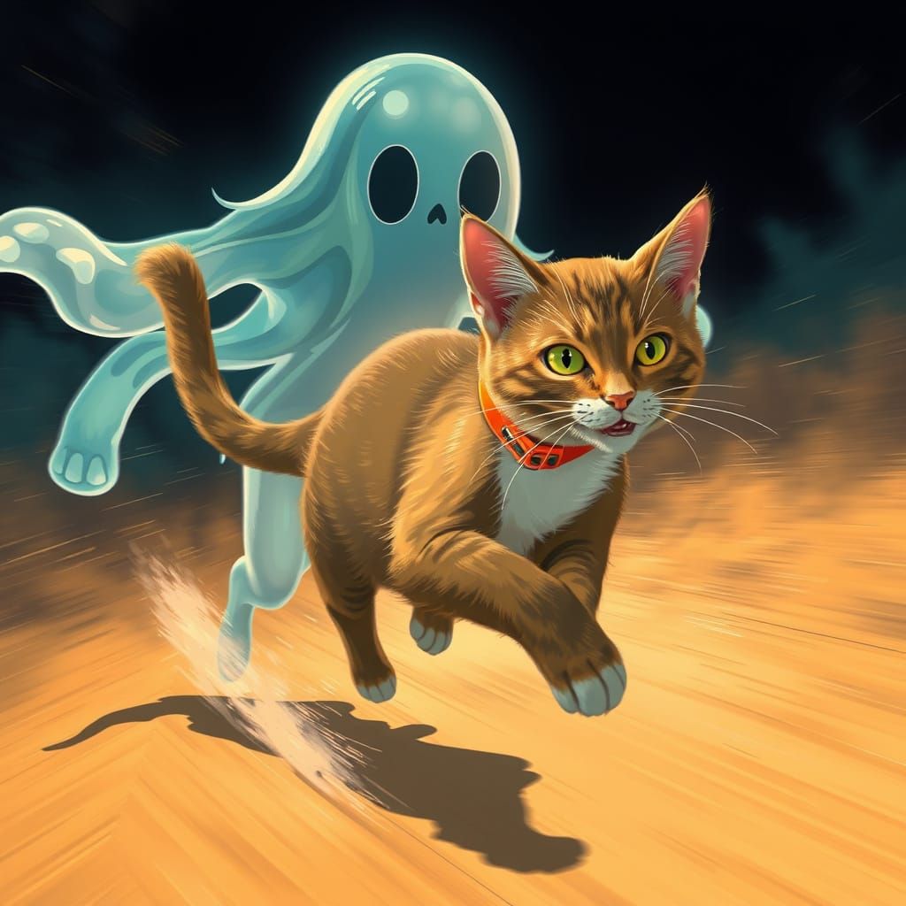 Cat Fleeing Ghost in Vibrant, Eerie Style