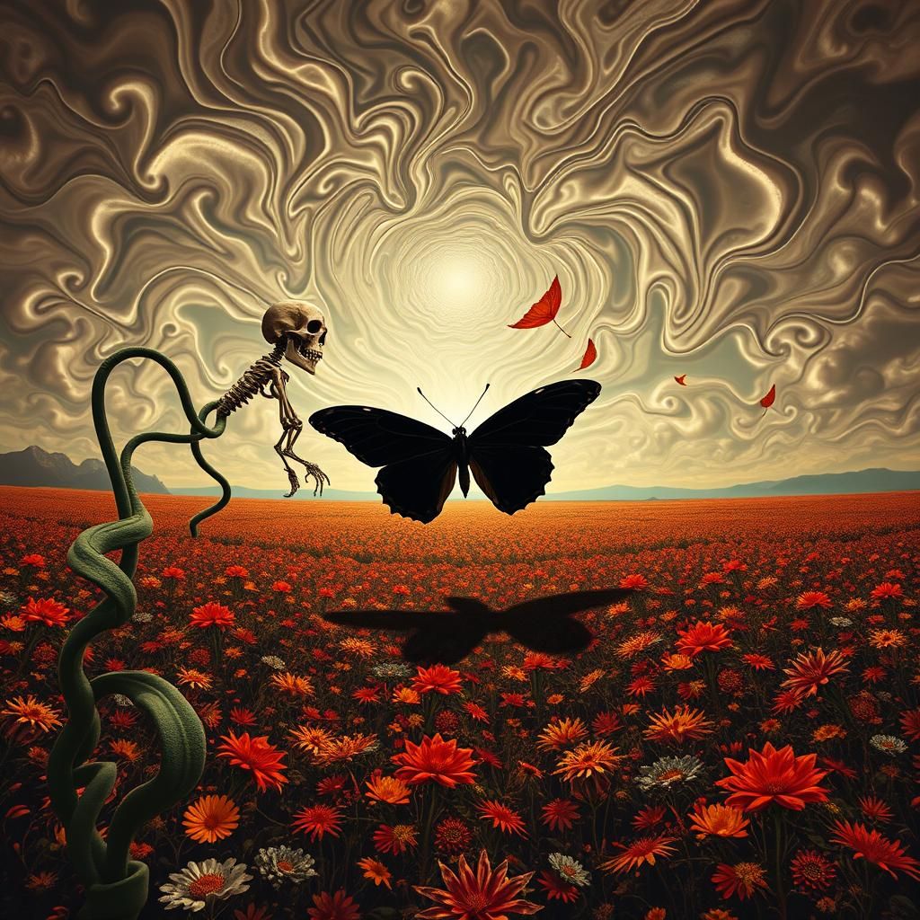 Surreal Landscape with Elastic Flora and Black Butterfly