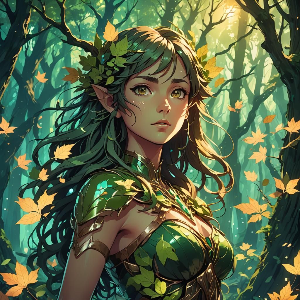 Mystical Forest Dryad in Vibrant Cel-Shaded Anime Style