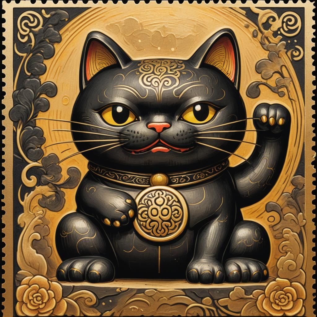 Angry Black Maneki-neko in Folk Art Style