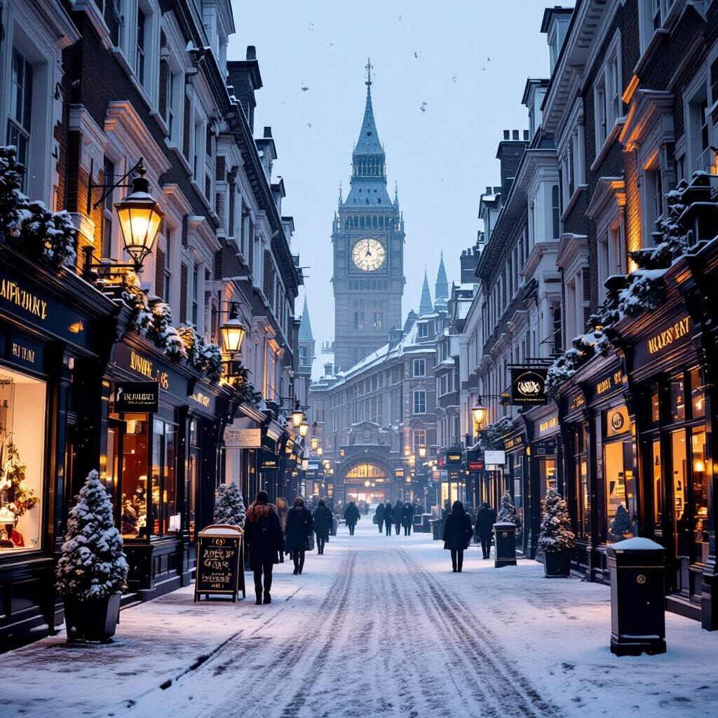Hyperrealistic Snowy London West End Scene