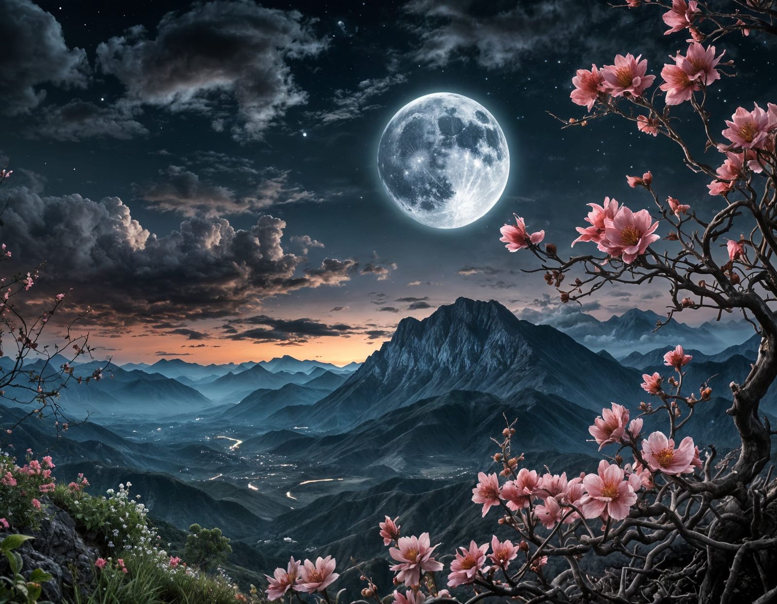 Glowing Moon Over Mountains, in Watercolor Style