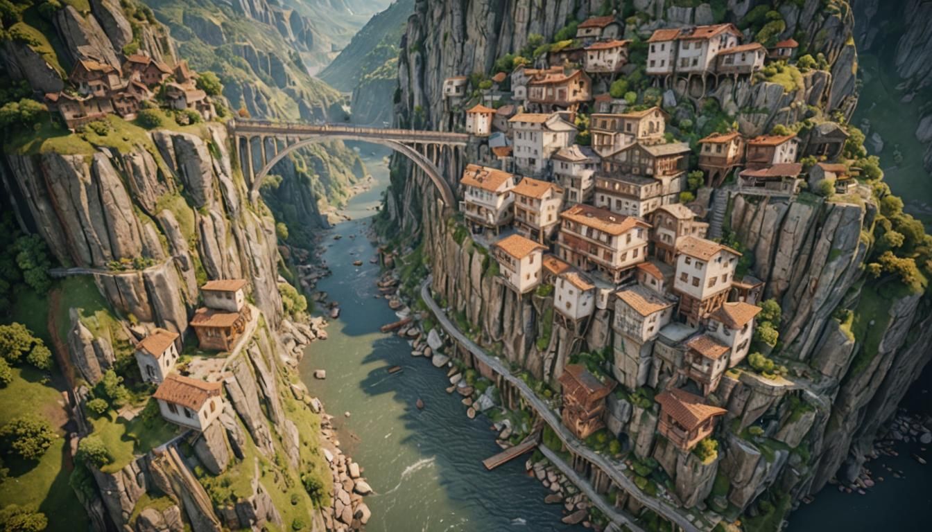 Cliffside Village Interconnected by Bridges: 3D Game Cinemat...