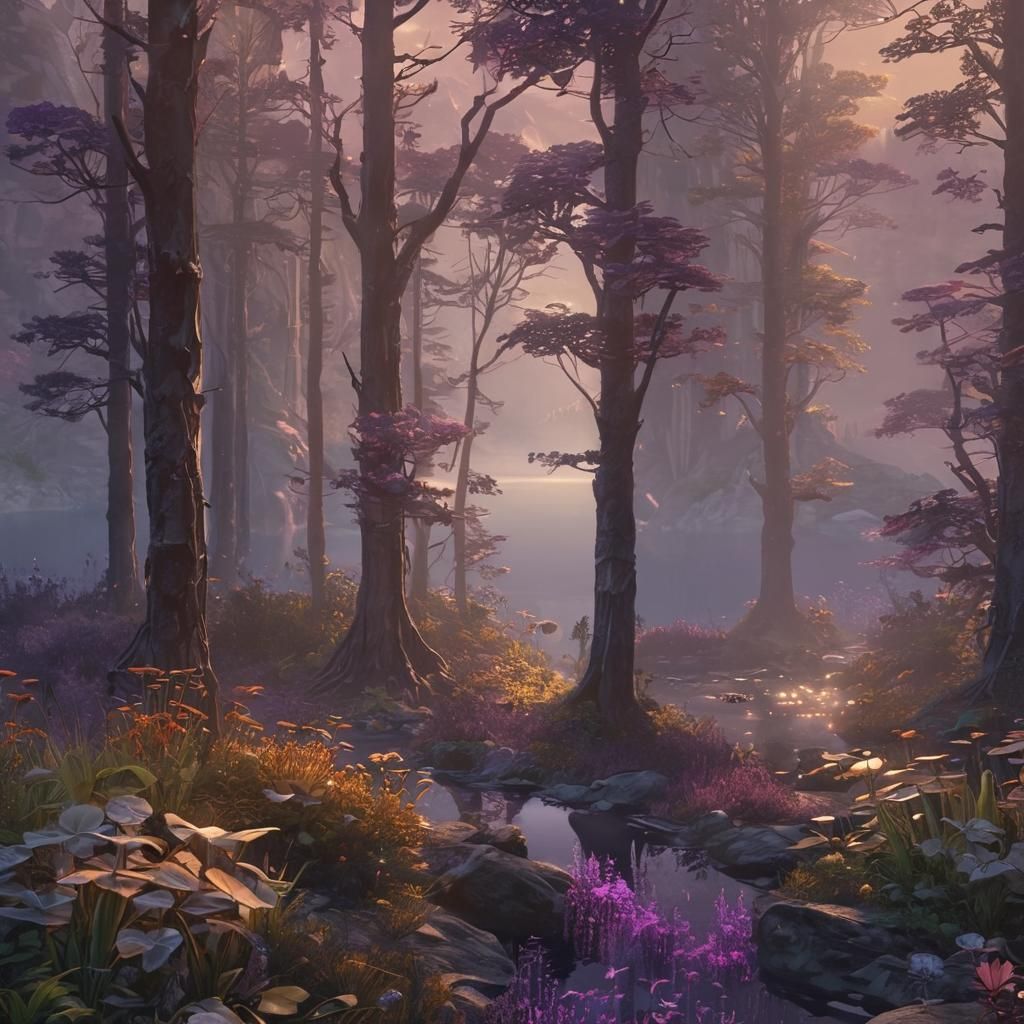 Serene Mountain Lake with Bioluminescent Plants