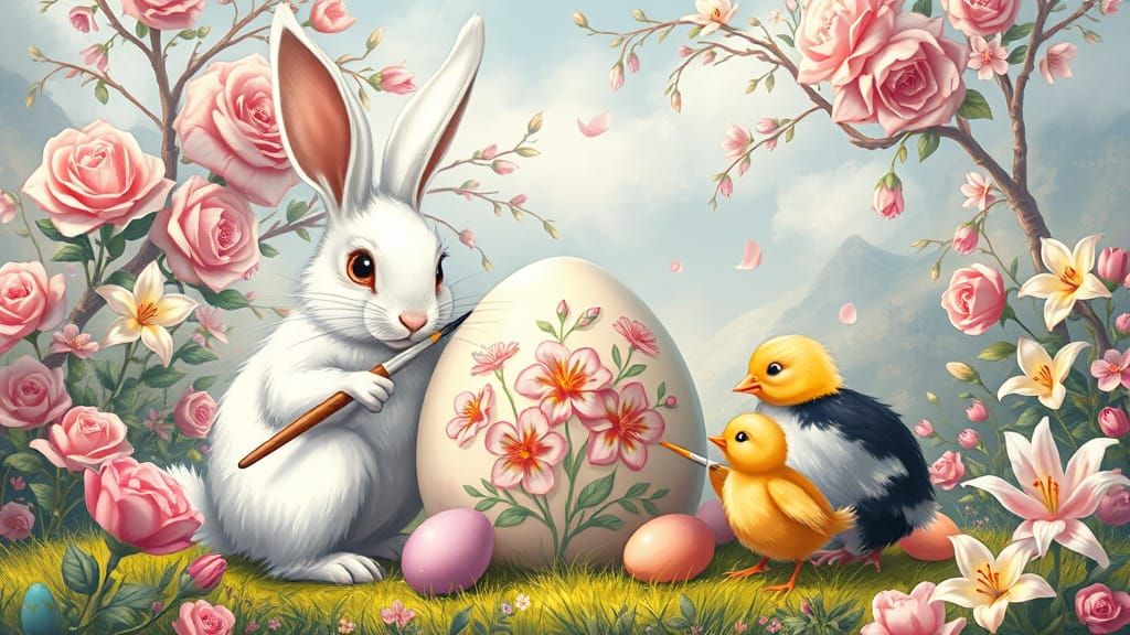 Rabbits and Chicks Painting Easter Eggs in Anime Style