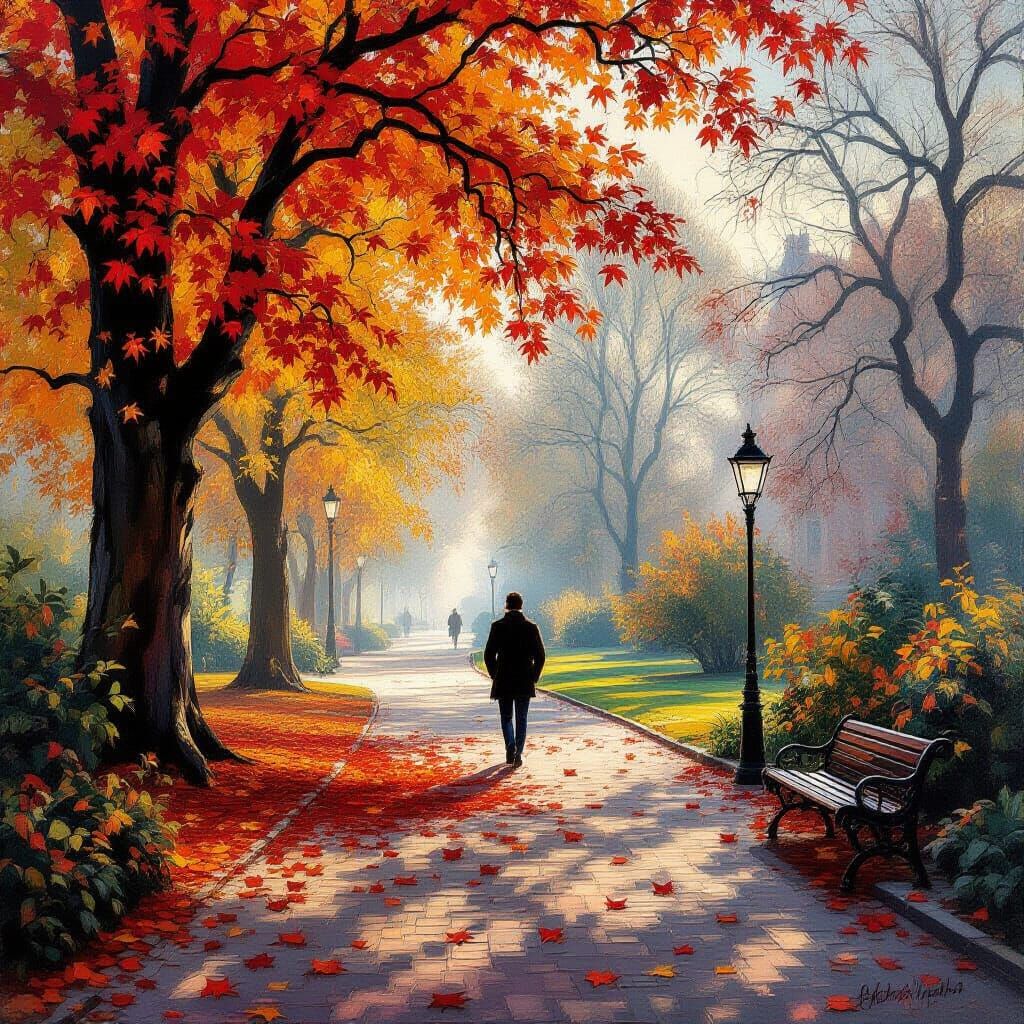 Autumn Park Scene in Romantic Watercolor and Impasto Style