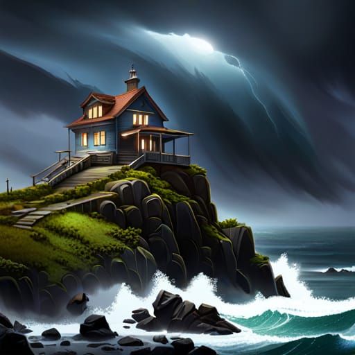 Clifftop house in stormy weather