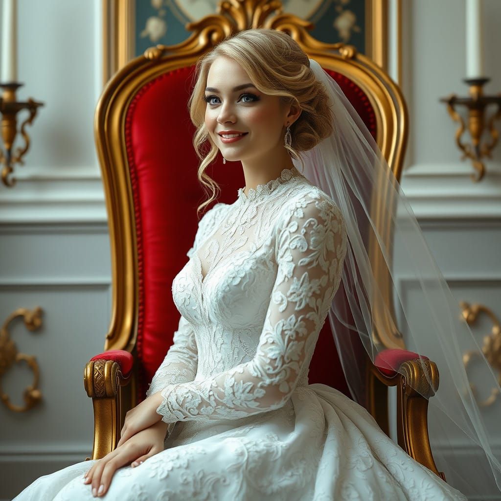Blonde Bride in Elegant Lace Wedding Gown with Delicate Ruff...