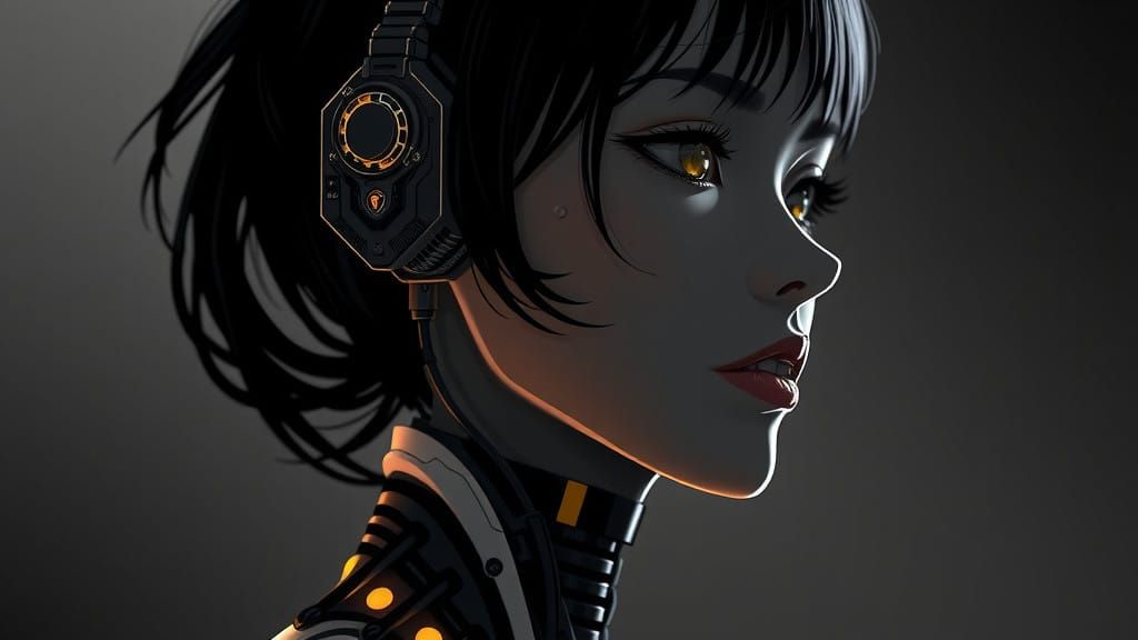 Cyberpunk Woman with Bionic Implants in High-Contrast Black...
