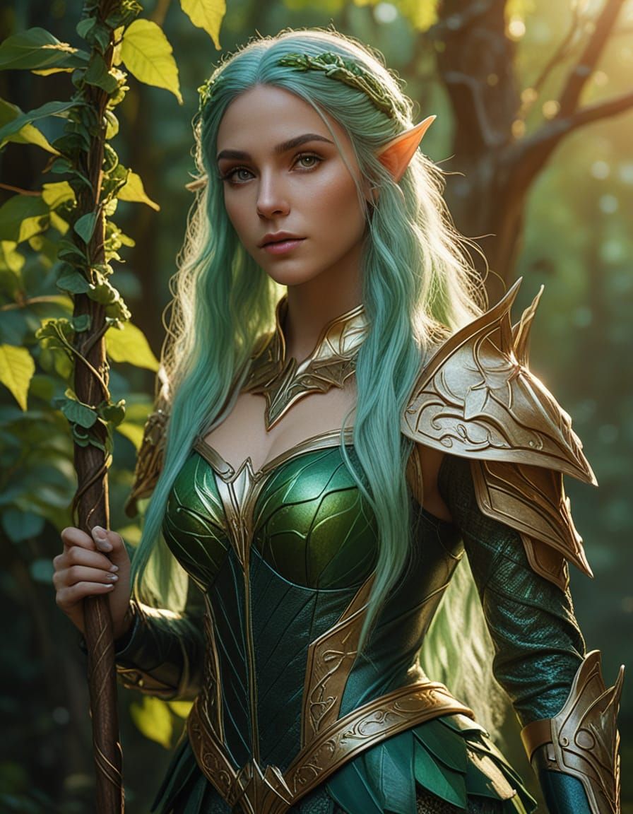 Female Elf with Glowing Staff in Digital Art Style