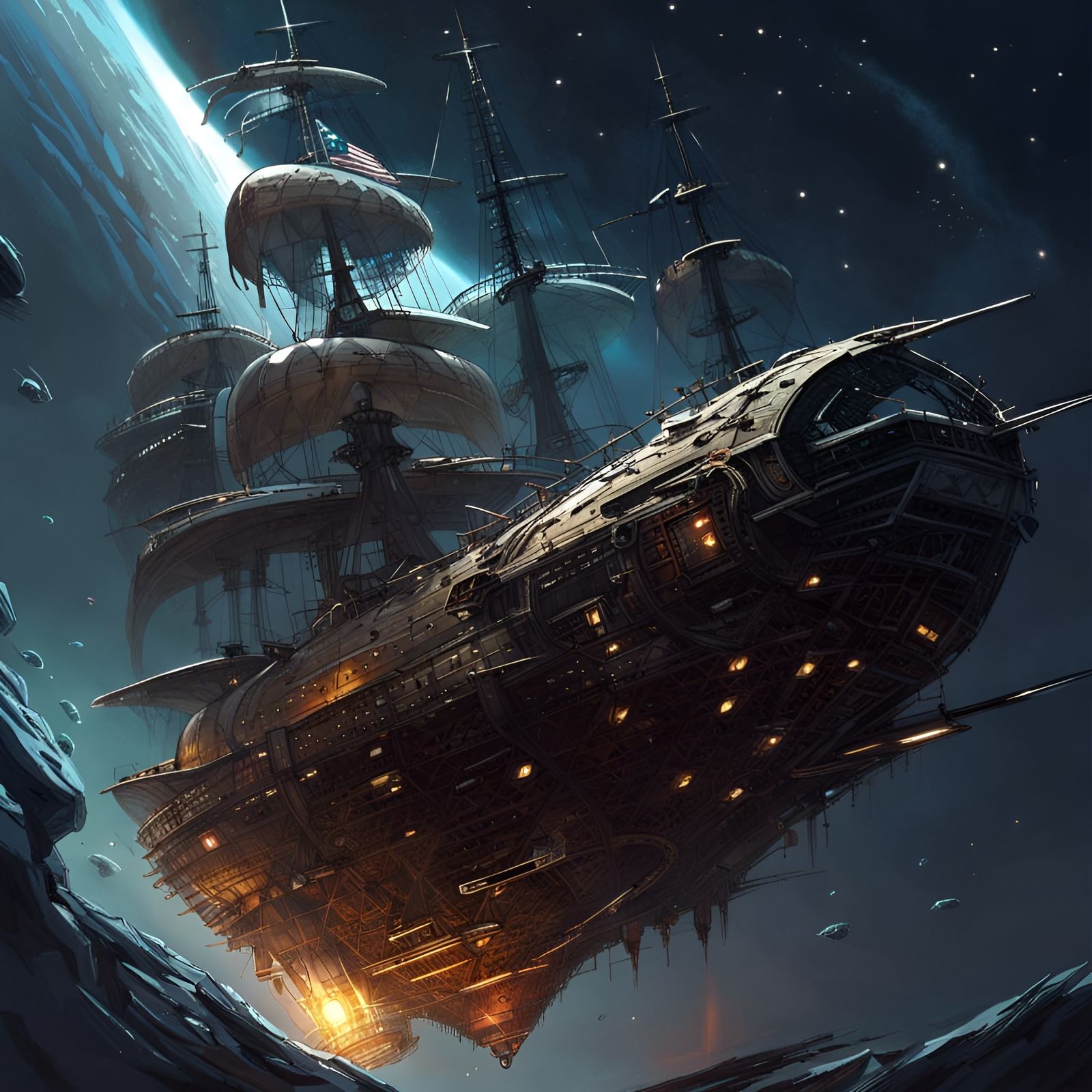Interstellar Pirate Ship Sailing in Space