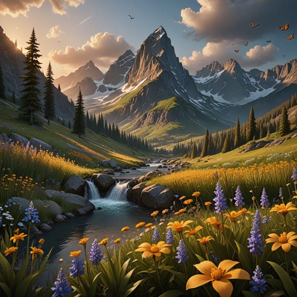 Majestic Mountain Range in Warm Sunset Hues, Inspired by Neo...