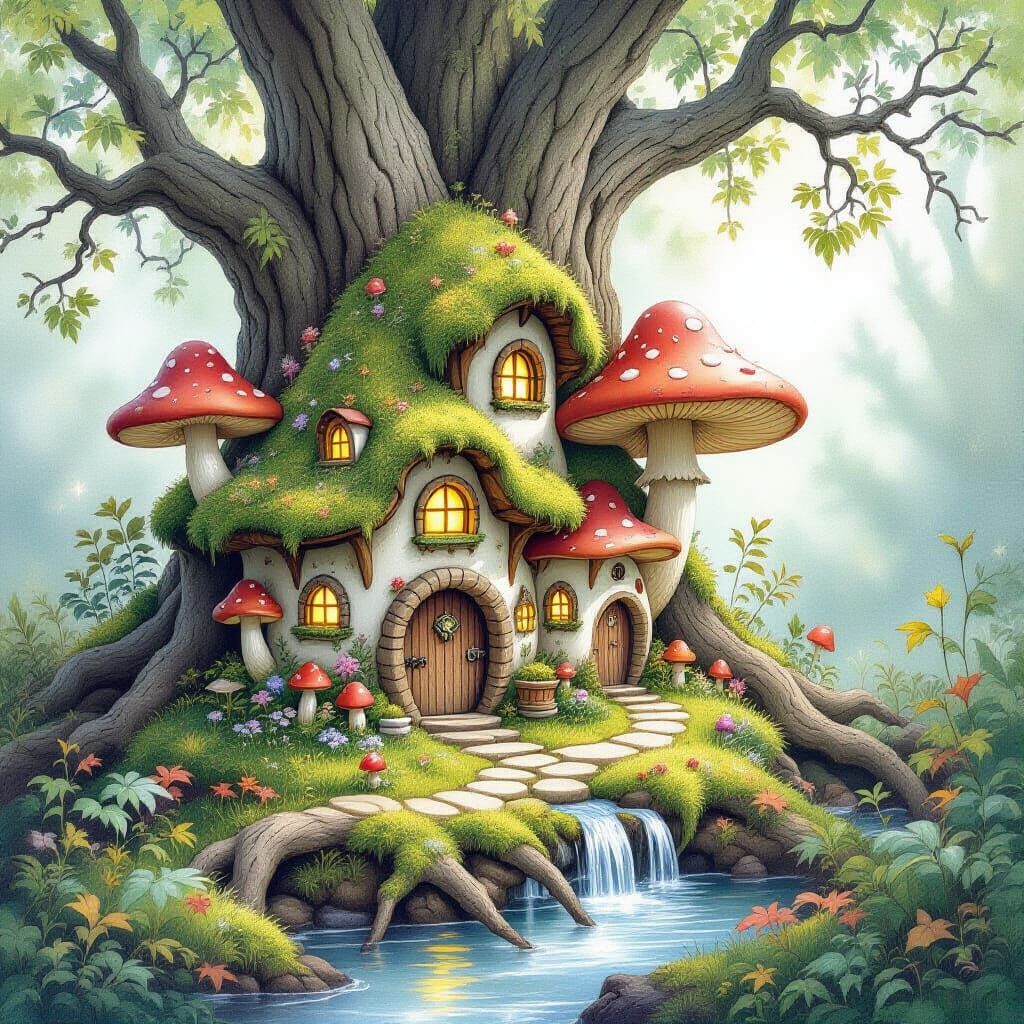 Bioluminescent Fairy Village in Watercolor Style